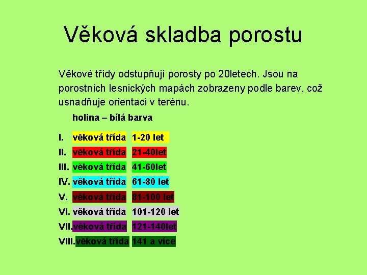 Věková skladba porostu Věkové třídy odstupňují porosty po 20 letech. Jsou na porostních lesnických