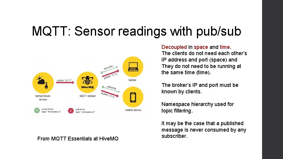 MQTT: Sensor readings with pub/sub Decoupled in space and time. The clients do not