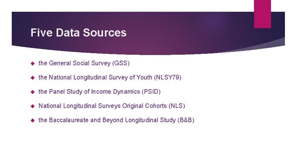 Five Data Sources the General Social Survey (GSS) the National Longitudinal Survey of Youth