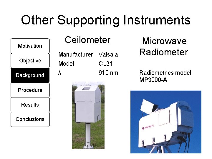 Other Supporting Instruments Ceilometer Motivation Objective Background Procedure Results Conclusions Manufacturer Vaisala Model CL