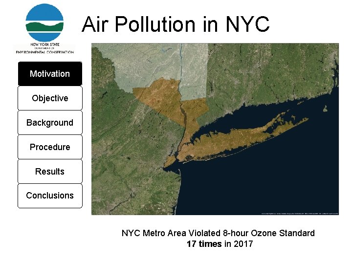 Air Pollution in NYC Motivation Objective Background Procedure Results Conclusions NYC Metro Area Violated