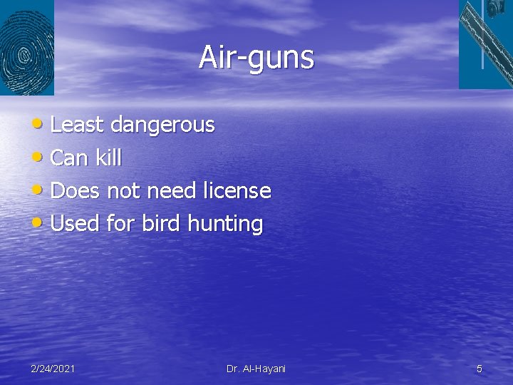 Air-guns • Least dangerous • Can kill • Does not need license • Used