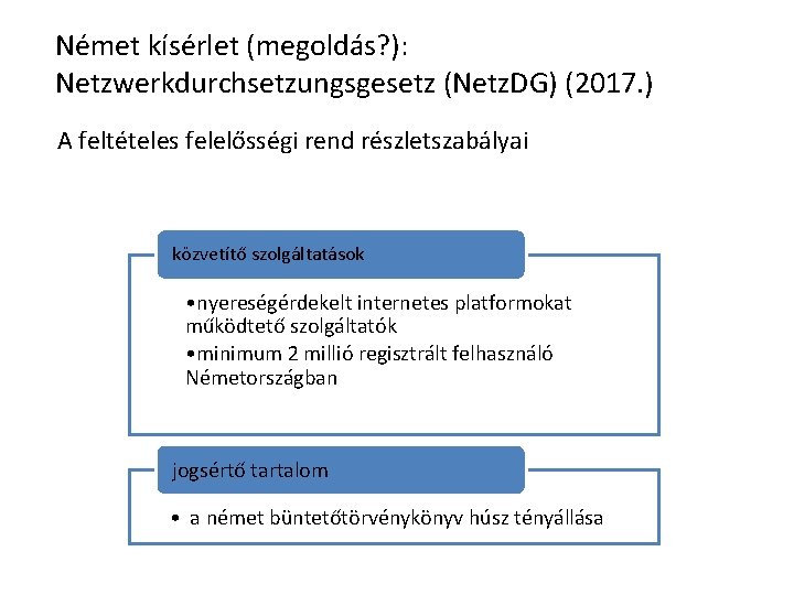 Német kísérlet (megoldás? ): Netzwerkdurchsetzungsgesetz (Netz. DG) (2017. ) A feltételes felelősségi rend részletszabályai