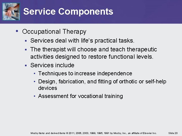 Service Components • Occupational Therapy Services deal with life’s practical tasks. § The therapist Service Components • Occupational Therapy Services deal with life’s practical tasks. § The therapist