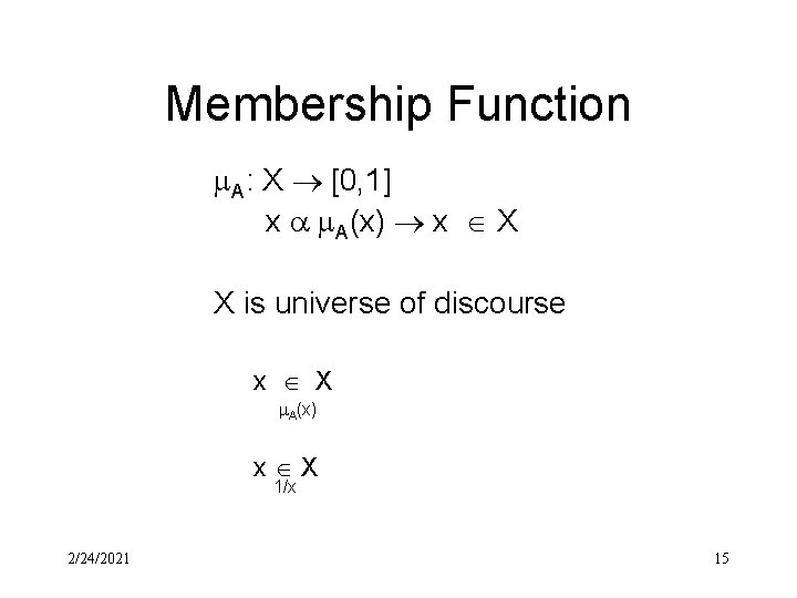 Membership Function A: X [0, 1] x A(x) x X X is universe of