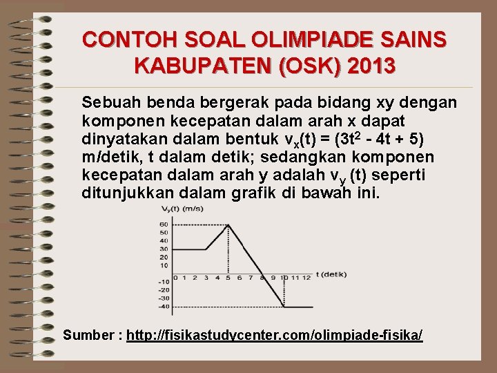 CONTOH SOAL OLIMPIADE SAINS KABUPATEN (OSK) 2013 Sebuah benda bergerak pada bidang xy dengan