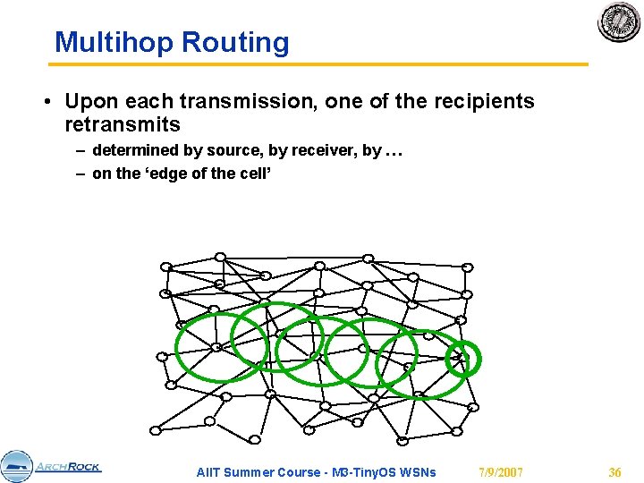 Multihop Routing • Upon each transmission, one of the recipients retransmits – determined by