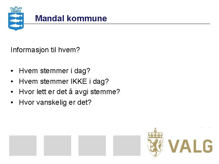 Mandal kommune Informasjon til hvem? • • Hvem stemmer i dag? Hvem stemmer IKKE