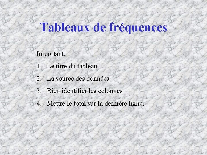 Tableaux de fréquences Important: 1. Le titre du tableau 2. La source des données