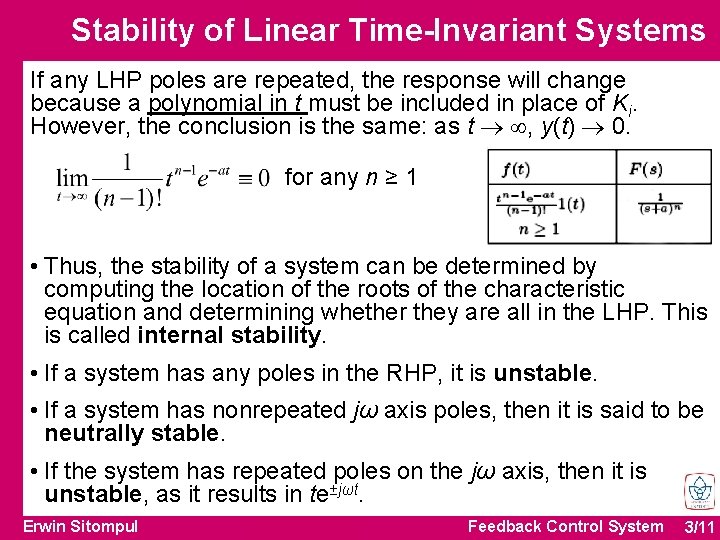 Stability of Linear Time-Invariant Systems If any LHP poles are repeated, the response will