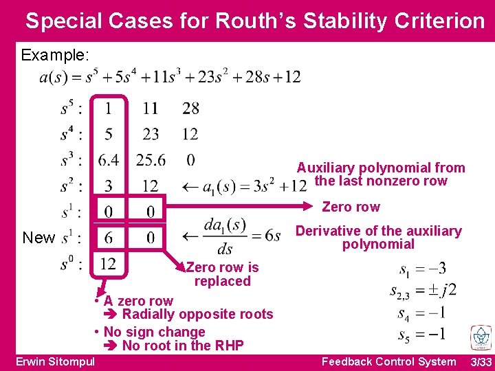 Special Cases for Routh’s Stability Criterion Example: Auxiliary polynomial from the last nonzero row