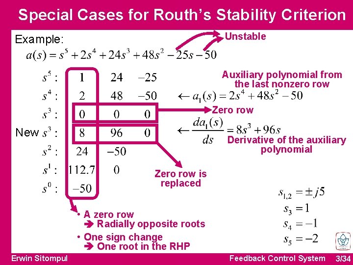 Special Cases for Routh’s Stability Criterion Unstable Example: Auxiliary polynomial from the last nonzero