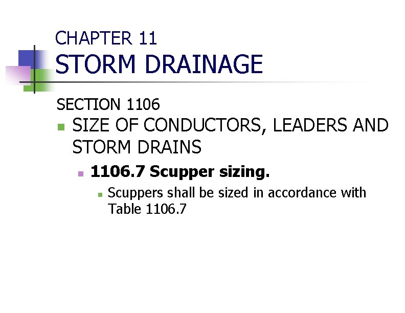 CHAPTER 11 STORM DRAINAGE SECTION 1106 n SIZE OF CONDUCTORS, LEADERS AND STORM DRAINS