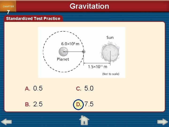 Gravitation CHAPTER 7 Standardized Test Practice A. 0. 5 C. 5. 0 B. 2.
