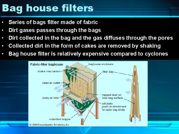 Bag house filters • • • Series of bags filter made of fabric Dirt