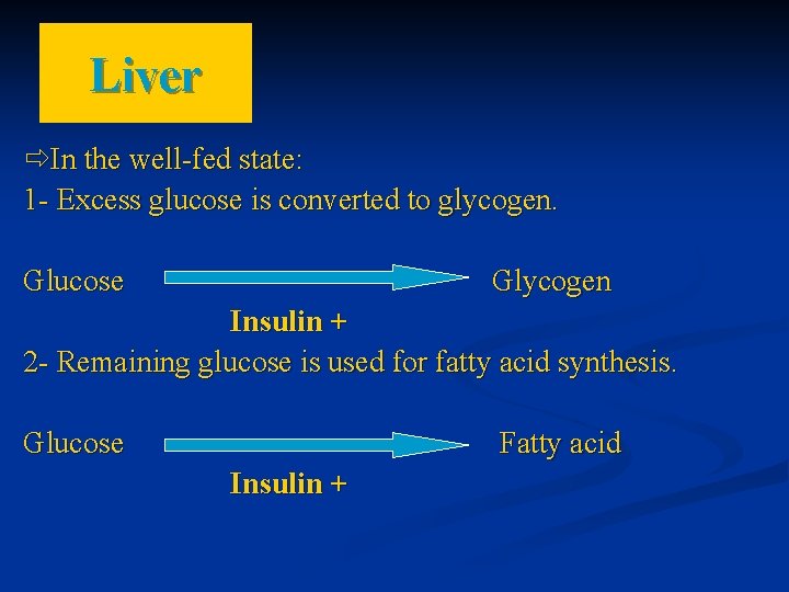 Liver In the well-fed state: 1 - Excess glucose is converted to glycogen. Glucose