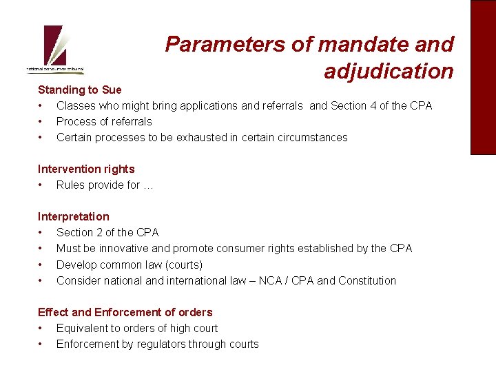 Parameters of mandate and adjudication Standing to Sue • Classes who might bring applications