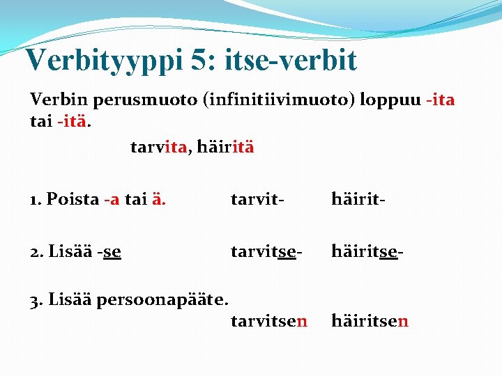 Verbityyppi 5: itse-verbit Verbin perusmuoto (infinitiivimuoto) loppuu -ita tai -itä. tarvita, häiritä 1. Poista