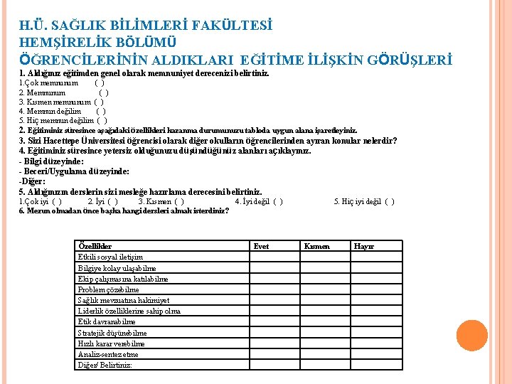 H. Ü. SAĞLIK BİLİMLERİ FAKÜLTESİ HEMŞİRELİK BÖLÜMÜ ÖĞRENCİLERİNİN ALDIKLARI EĞİTİME İLİŞKİN GÖRÜŞLERİ 1. Aldığınız