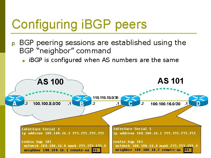 Configuring i. BGP peers p BGP peering sessions are established using the BGP “neighbor”