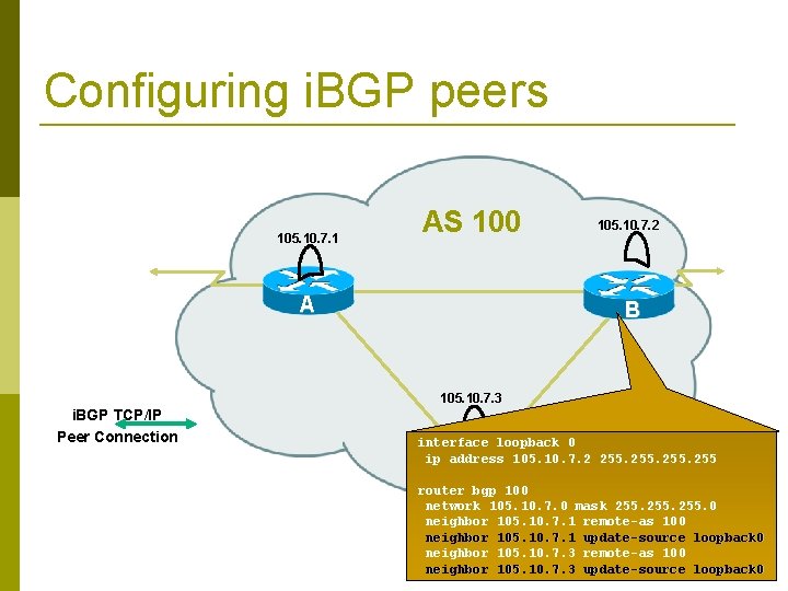 Configuring i. BGP peers 105. 10. 7. 1 AS 100 A 105. 10. 7.
