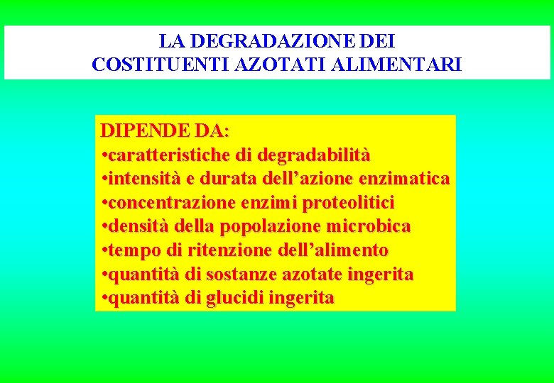 LA DEGRADAZIONE DEI COSTITUENTI AZOTATI ALIMENTARI DIPENDE DA: • caratteristiche di degradabilità • intensità