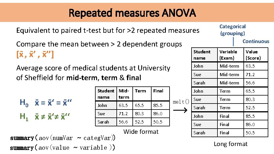 Repeated measures ANOVA Equivalent to paired t-test but for >2 repeated measures Compare the