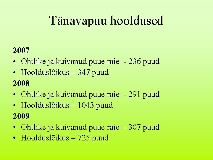 Tänavapuu hooldused 2007 • Ohtlike ja kuivanud puue raie - 236 puud • Hoolduslõikus