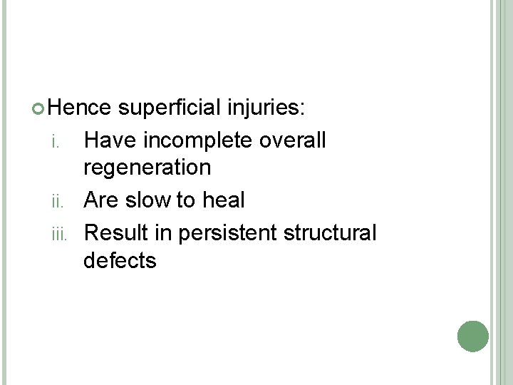  Hence superficial injuries: i. Have incomplete overall regeneration ii. Are slow to heal