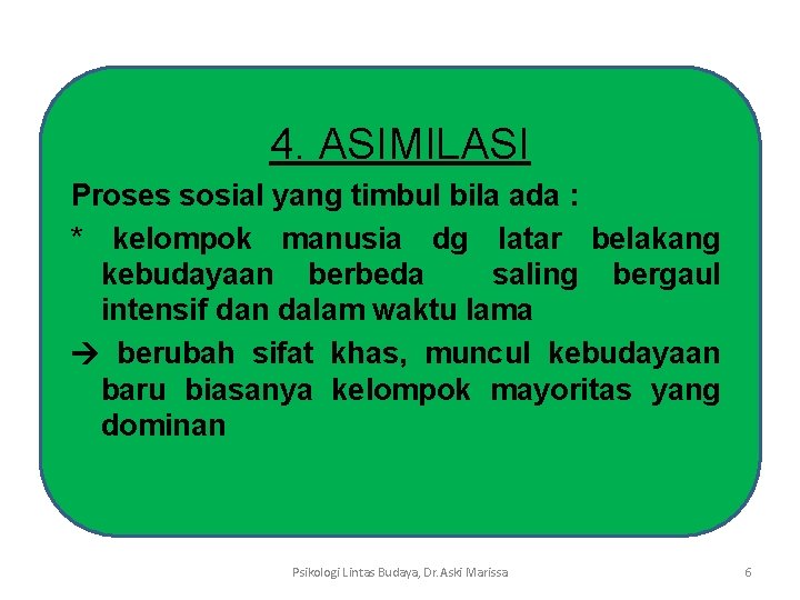 4. ASIMILASI Proses sosial yang timbul bila ada : * kelompok manusia dg latar