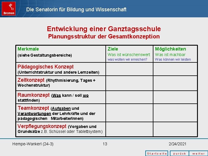 Die Senatorin für Bildung und Wissenschaft Entwicklung einer Ganztagsschule Planungsstruktur der Gesamtkonzeption Merkmale Ziele