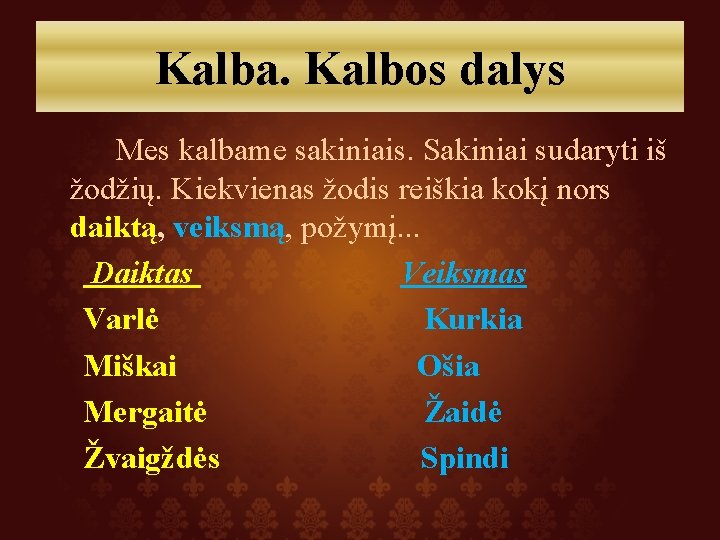 Kalba. Kalbos dalys Mes kalbame sakiniais. Sakiniai sudaryti iš žodžių. Kiekvienas žodis reiškia kokį