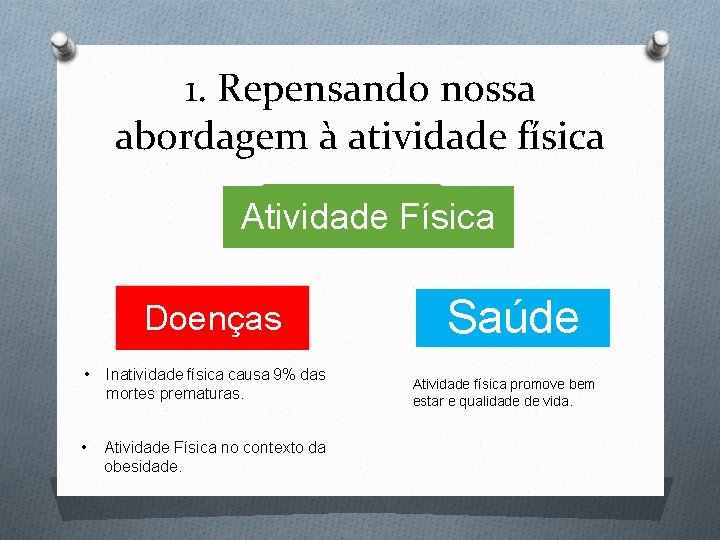 1. Repensando nossa abordagem à atividade física Atividade Física Doenças • Inatividade física causa