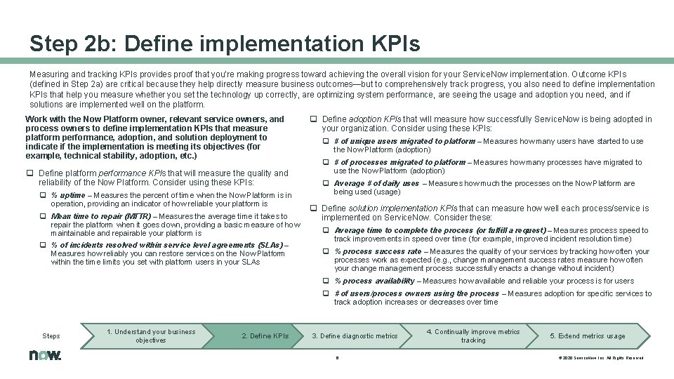 Step 2 b: Define implementation KPIs Measuring and tracking KPIs provides proof that you’re