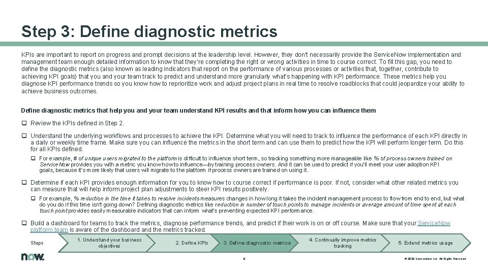Step 3: Define diagnostic metrics KPIs are important to report on progress and prompt