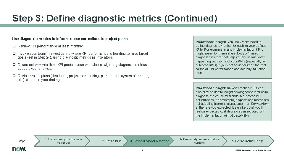 Step 3: Define diagnostic metrics (Continued) Use diagnostic metrics to inform course corrections in