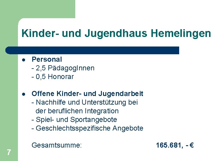 Kinder- und Jugendhaus Hemelingen 7 l Personal - 2, 5 Pädagog. Innen - 0,