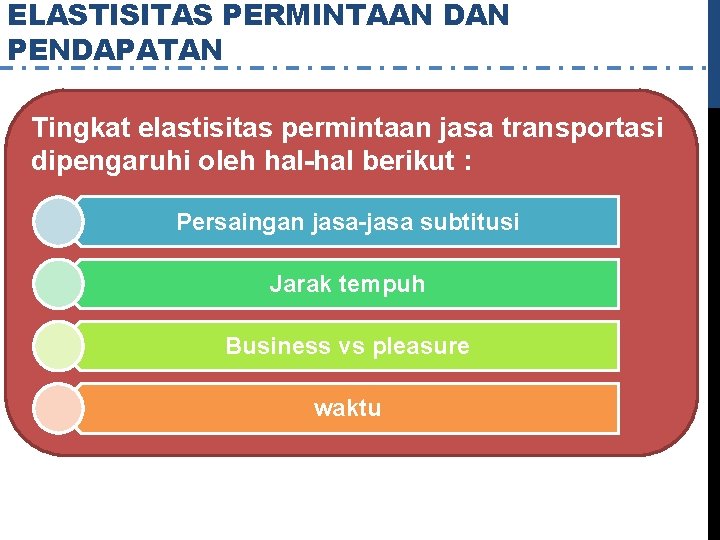 ELASTISITAS PERMINTAAN DAN PENDAPATAN Tingkat elastisitas permintaan jasa transportasi dipengaruhi oleh hal-hal berikut :