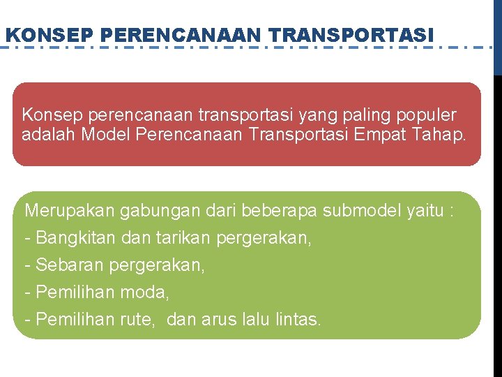 KONSEP PERENCANAAN TRANSPORTASI Konsep perencanaan transportasi yang paling populer adalah Model Perencanaan Transportasi Empat