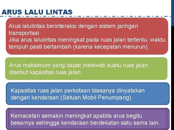 ARUS LALU LINTAS Arus lalulintas berinteraksi dengan sistem jaringan transportasi. Jika arus lalulintas meningkat