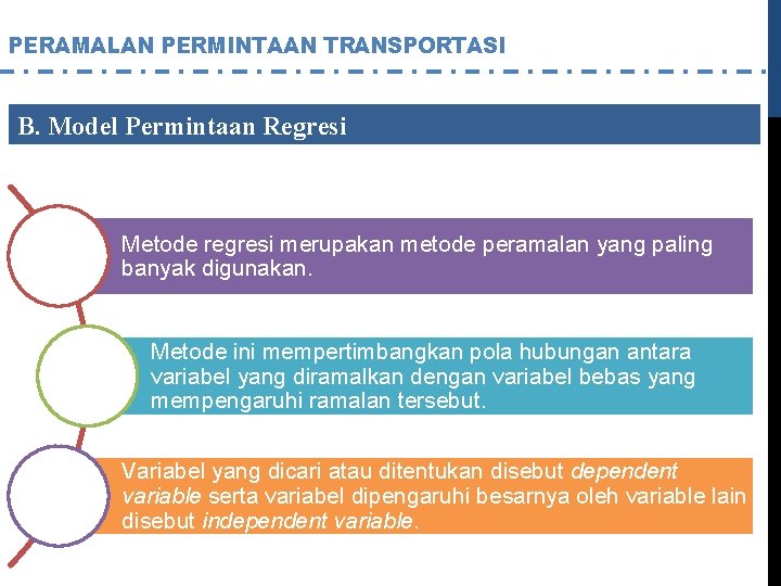 PERAMALAN PERMINTAAN TRANSPORTASI B. Model Permintaan Regresi Metode regresi merupakan metode peramalan yang paling