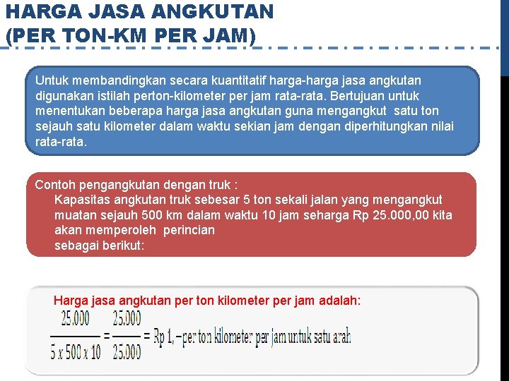 HARGA JASA ANGKUTAN (PER TON-KM PER JAM) Untuk membandingkan secara kuantitatif harga-harga jasa angkutan