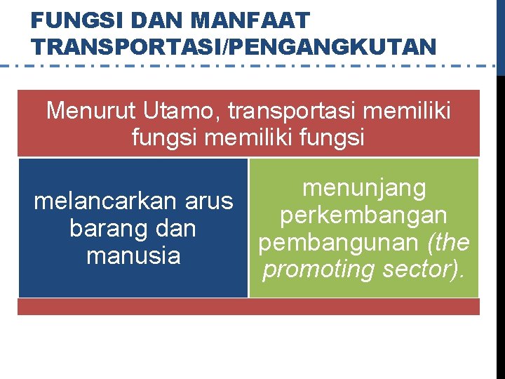 FUNGSI DAN MANFAAT TRANSPORTASI/PENGANGKUTAN Menurut Utamo, transportasi memiliki fungsi menunjang melancarkan arus perkembangan barang