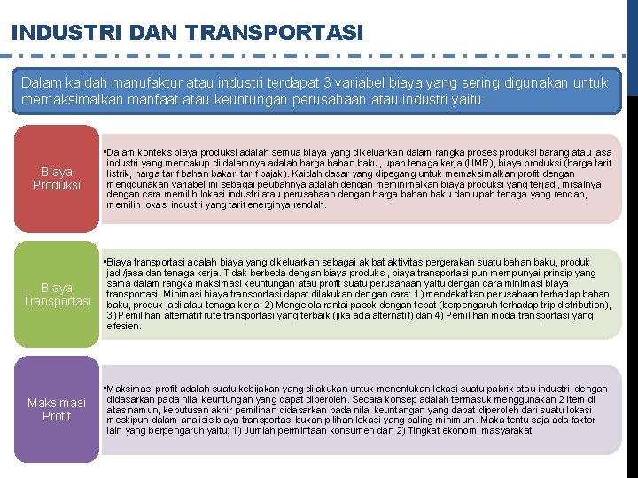 INDUSTRI DAN TRANSPORTASI Dalam kaidah manufaktur atau industri terdapat 3 variabel biaya yang sering