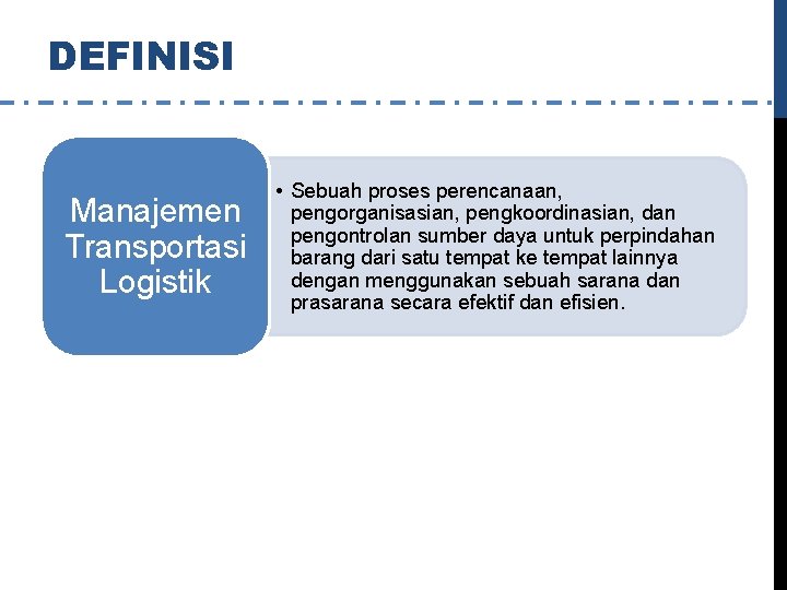 DEFINISI Manajemen Transportasi Logistik • Sebuah proses perencanaan, pengorganisasian, pengkoordinasian, dan pengontrolan sumber daya