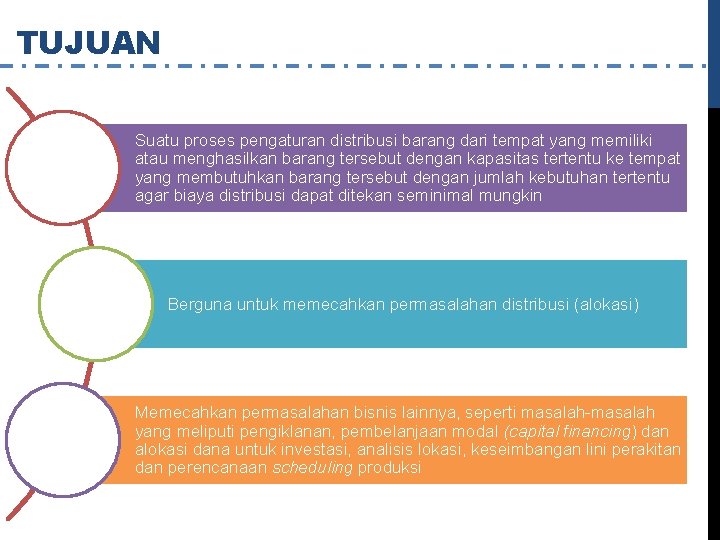 TUJUAN Suatu proses pengaturan distribusi barang dari tempat yang memiliki atau menghasilkan barang tersebut