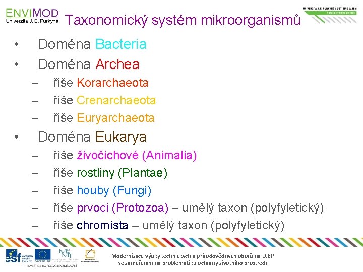 Taxonomický systém mikroorganismů • • Doména Bacteria Doména Archea – – – • říše