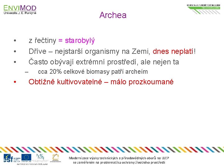 Archea • • • z řečtiny = starobylý Dříve – nejstarší organismy na Zemi,