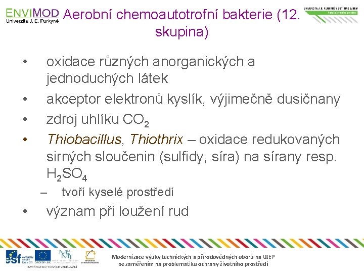 Aerobní chemoautotrofní bakterie (12. skupina) • • oxidace různých anorganických a jednoduchých látek akceptor