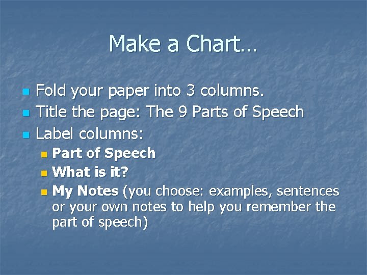 Make a Chart… n n n Fold your paper into 3 columns. Title the